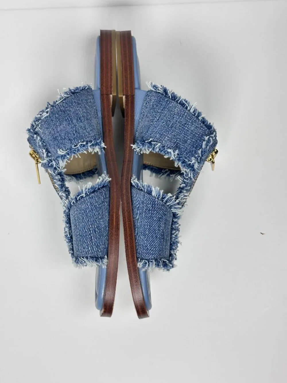 Michael Kors Berkley Denim Sandals Women 7M Blue Frayed Zip Slide Flat Shoes